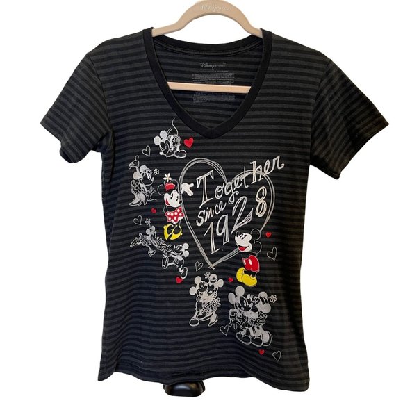 Disney Graphic Tee Heart Minnie & Mickey Together Since 1928 T-Shirt S Striped V - Picture 4 of 12